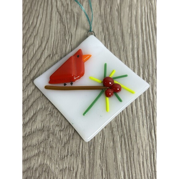 Vintage Fused Art Glass Ornament Cardinal On Branch & Berries Christmas 2” - Picture 2 of 5